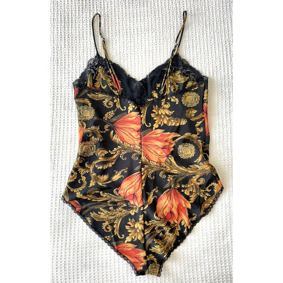 Vintage NATORI Size Petite Bodysuit Teddy Lingerie One Piece Black Gold Lace - Picture 4 of 4